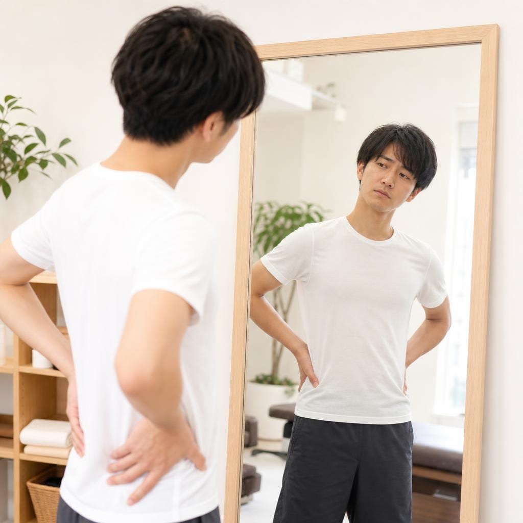 鏡で姿勢を気にする様子